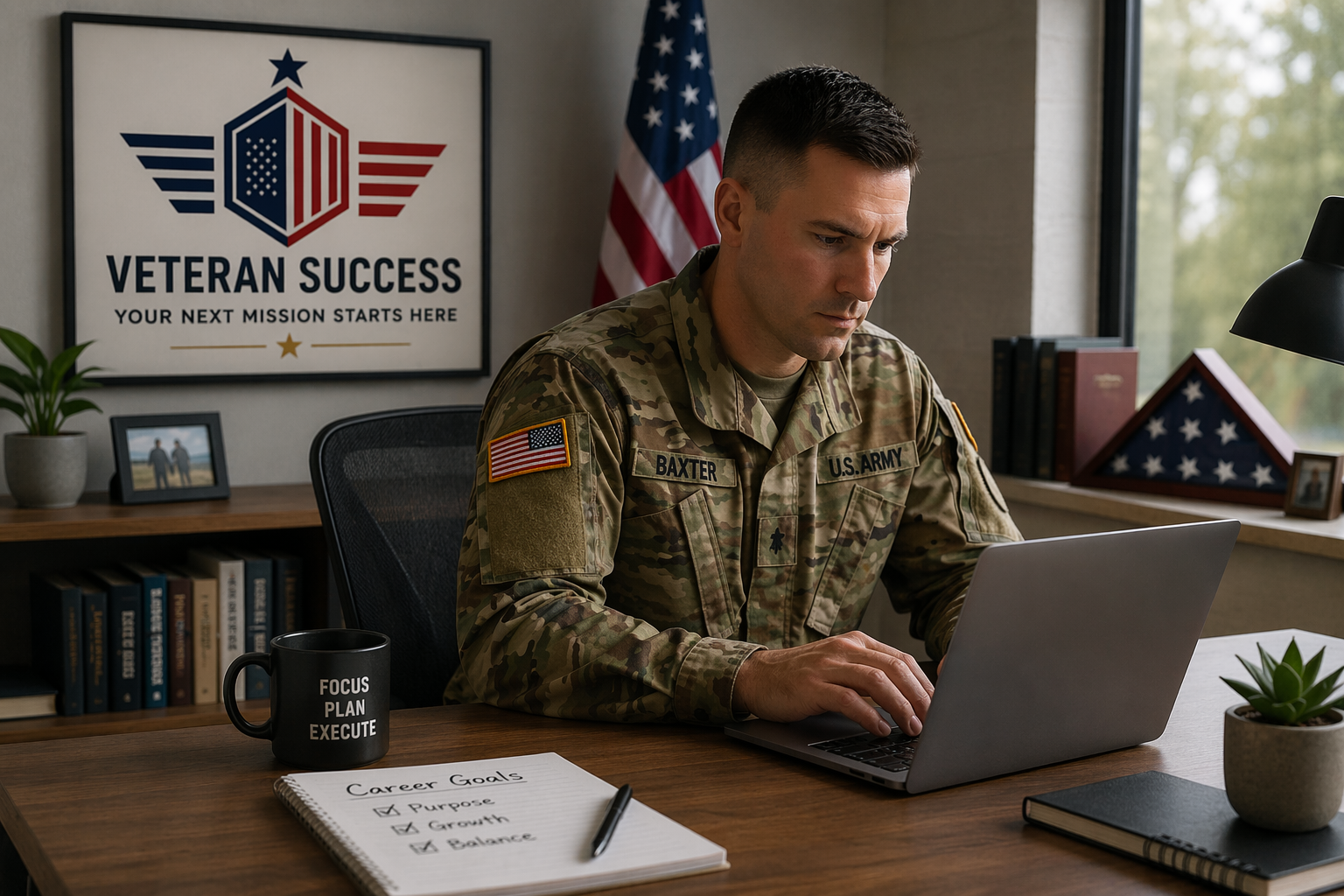 Veteran focused on career transition at desk